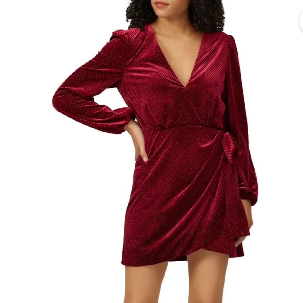 Talulah Red Metallic Tie Waist Velvet Longsleeve Mini Dress Size XS